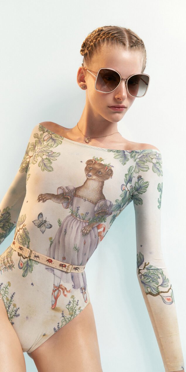 DANCING MARTEN boatneck leotard with long sleeves sage multicolor 3