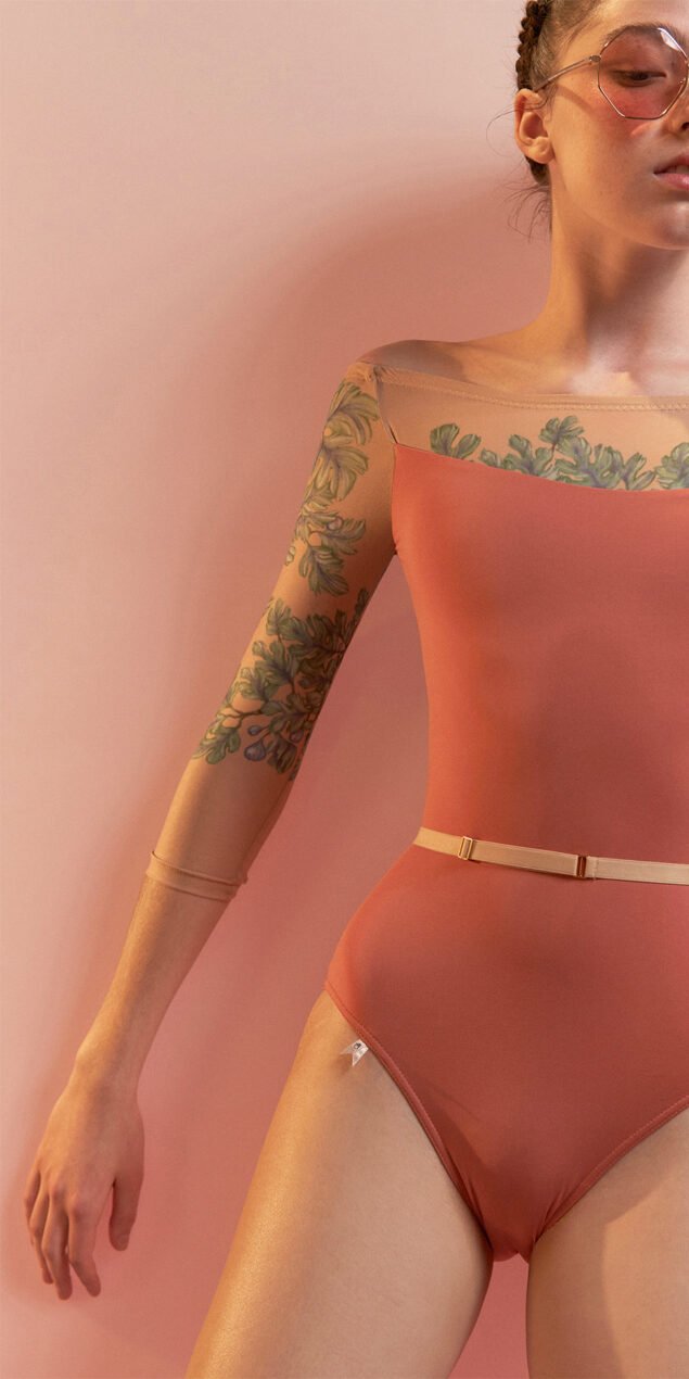 FIG TREE low back layered leotard with tattoo coral 10
