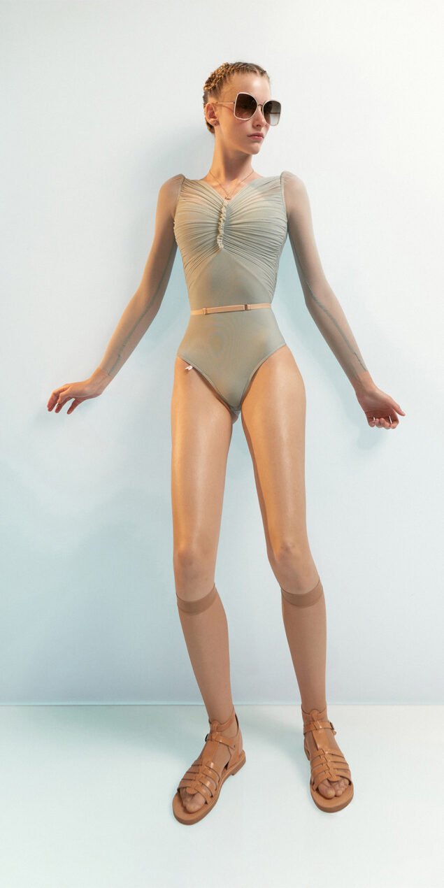 GRES bodysuit with long puff sleeves sage 1