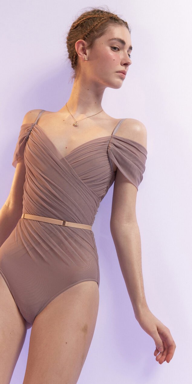 GRES off shoulder draped leotard lavander 4