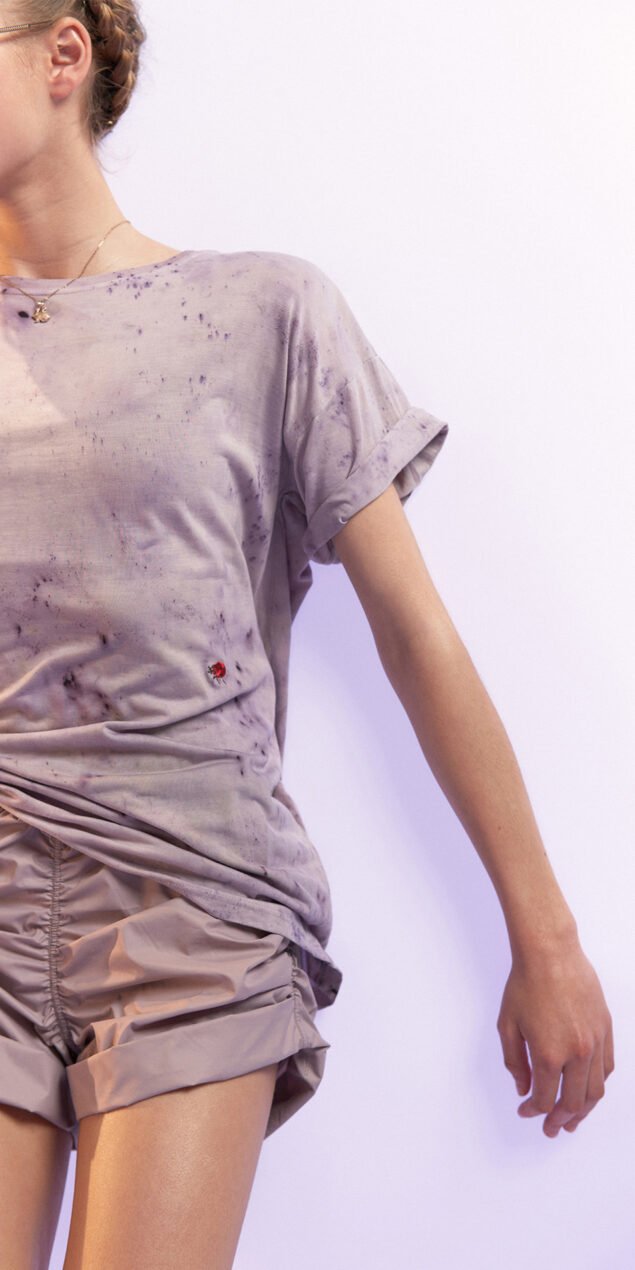 SUN KISSED hand dyed t shirt with embroidered bugs lavender multicolor 1