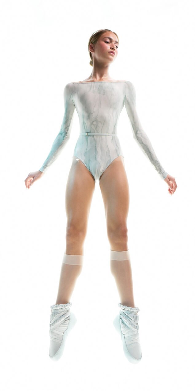 AQUARELLE boatneck leotard with long sleeves sage on 1